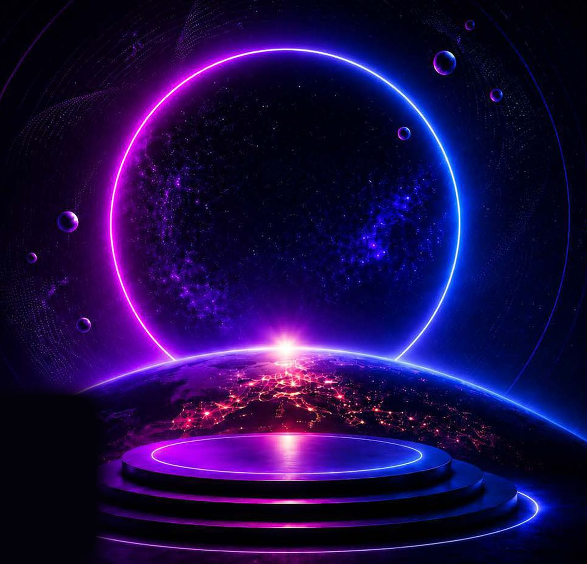 Aro de luz violeta y azul rodeando un planeta nocturno, con un escenario circular iluminado al pie.